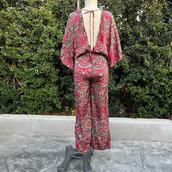 Karma Highway Silky Paisley Deep V Jumpsuit Jumper Boho One Size Boho Hippie - Picture 2 of 9